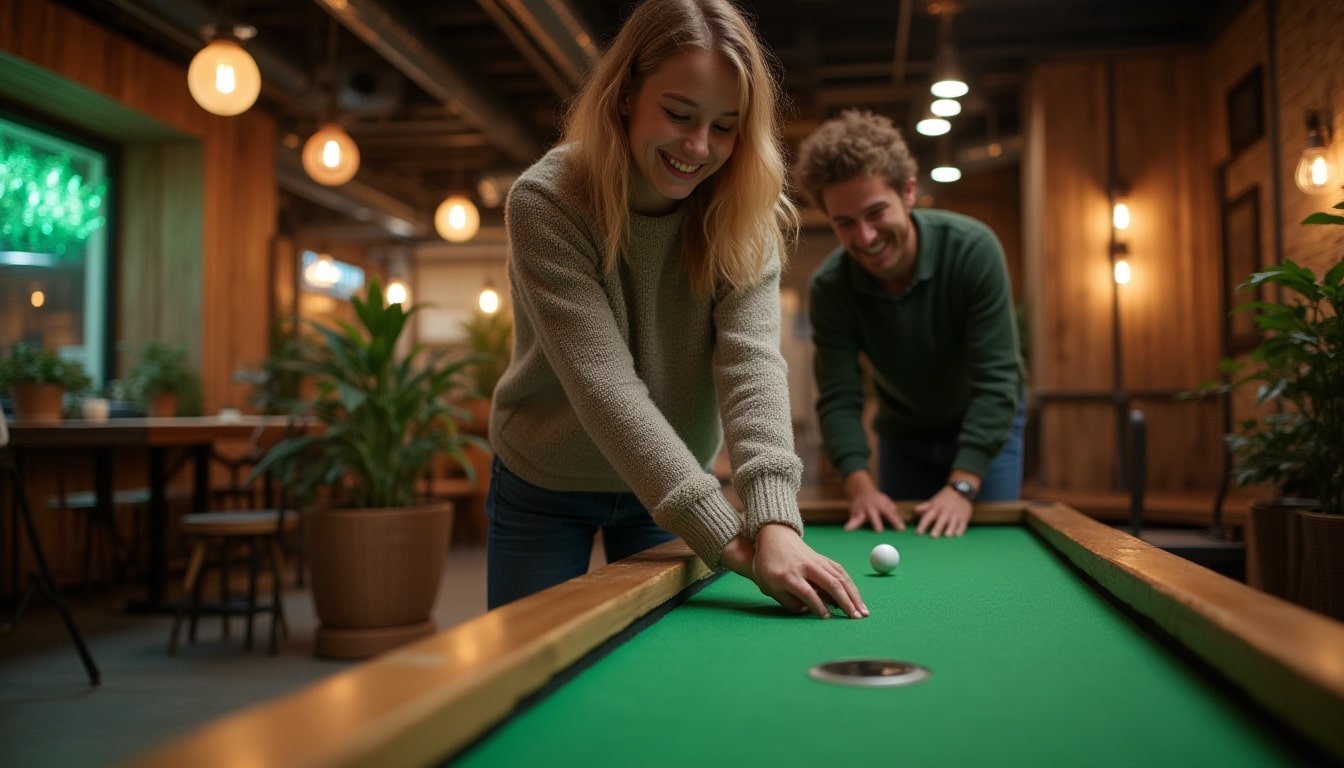 Autumn in Wrocław, indoor scene representing urban slow life – two young adults playing mini golf or shuffleboard inside a modern entertainment space. Relaxed atmosphere, cozy lighting, industrial interior design with wood, greenery, and LED accents. Urban jungle vibes with potted plants, calm color palette (beige, soft green, wood). Realistic style, lifestyle photo, horizontal layout, warm natural light, smiling people in casual clothes (sweaters, jeans).